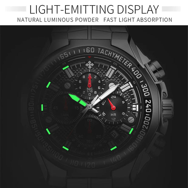 “WWOOR Men’s Luxury Sports Watch – Black Steel Quartz Chronograph