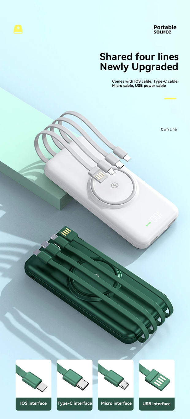 100,000mAh Wireless Power Bank 6-in-1 Built-in Cables Dual USB Charger for iPhone
