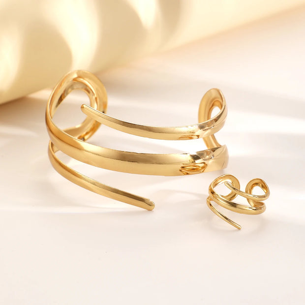 Gold Geometric Bracelet and Ring Set for Women Jewelry Gift