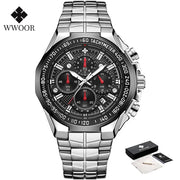 “WWOOR Men’s Luxury Sports Watch – Black Steel Quartz Chronograph