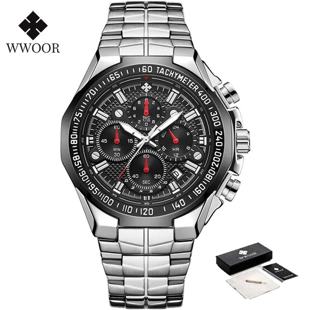 “WWOOR Men’s Luxury Sports Watch – Black Steel Quartz Chronograph