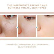 Before and after images showing skincare effectiveness on different skin types, focusing on pore shrinking and smoothness.