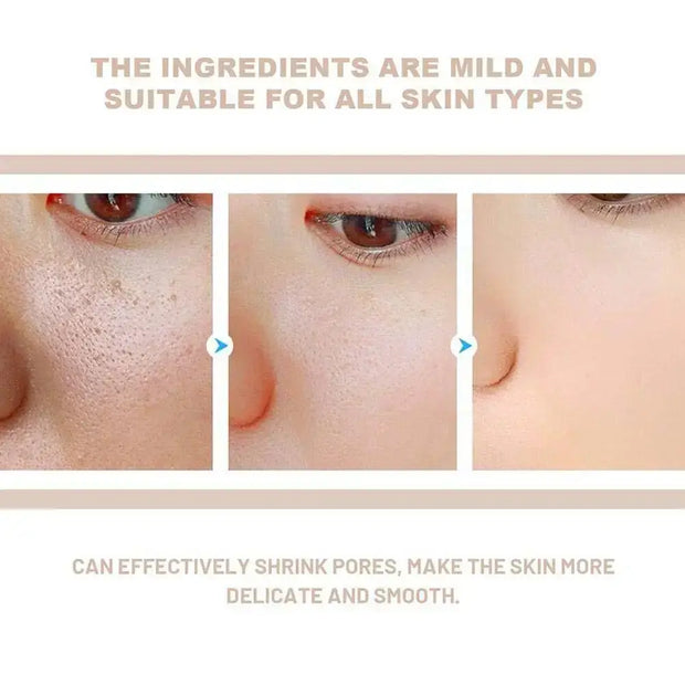 Before and after images showing skincare effectiveness on different skin types, focusing on pore shrinking and smoothness.