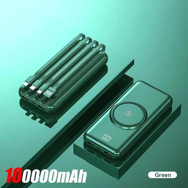 100,000mAh Wireless Power Bank 6-in-1 Built-in Cables Dual USB Charger for iPhone