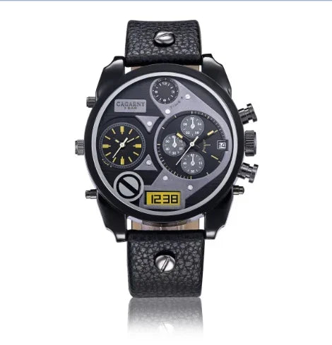 Cagarny Men’s Luxury Quartz Watch with dual time and leather strap