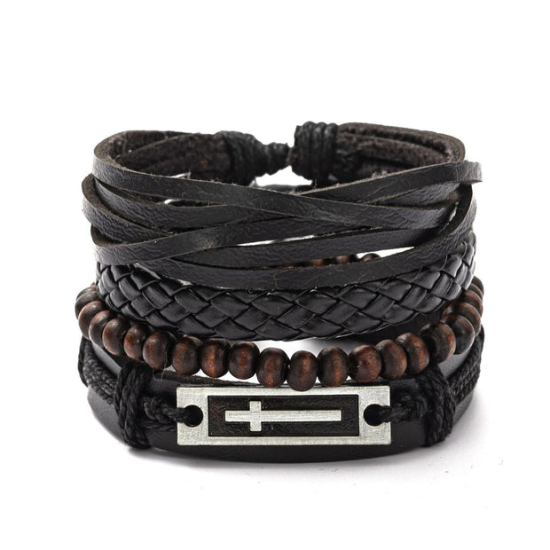 Black Leather Braided Bracelet for Men