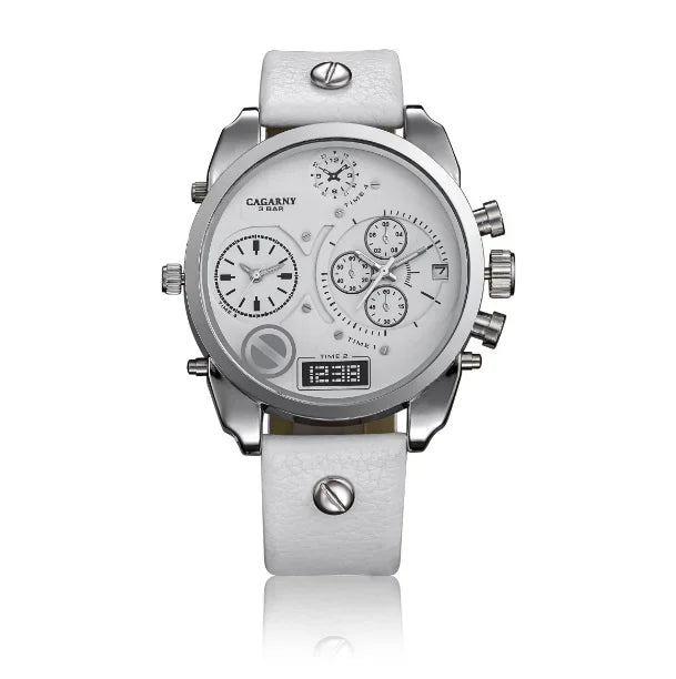 Cagarny Men’s Luxury Quartz Watch with dual time and leather strap
