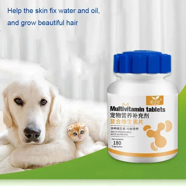 Pet Multivitamin Tablets – 180 Count for Dogs & Cats, Boost Immunity & Coat Health
