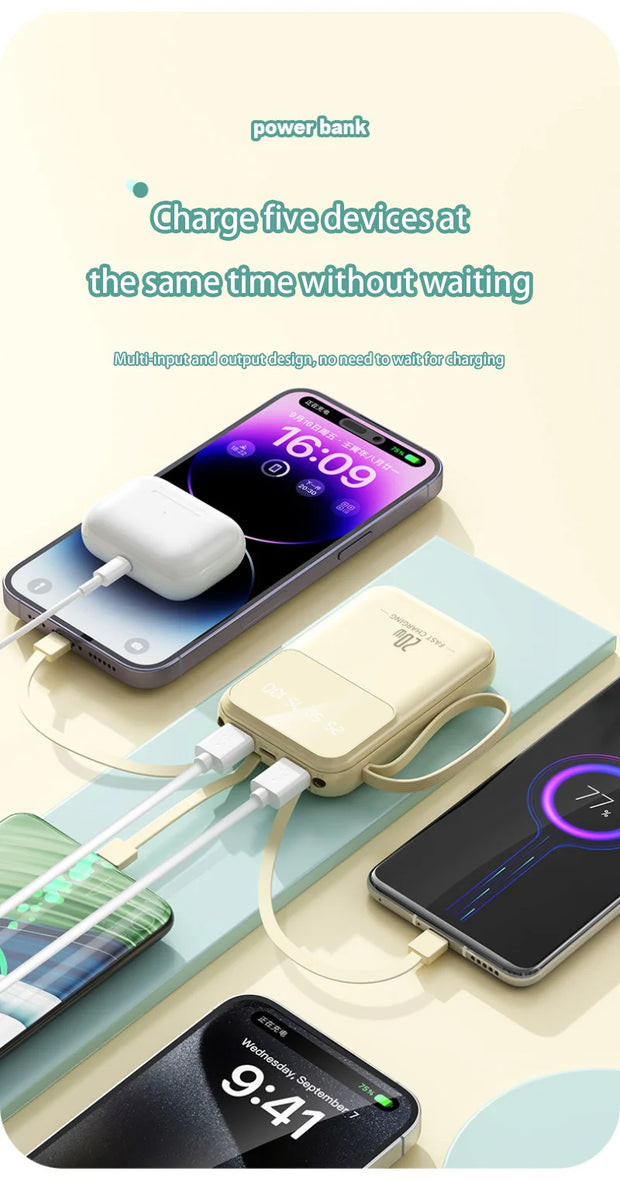 20000mAh Built-In Cable Power Bank – Fast Charging, Compact & High-Capacity