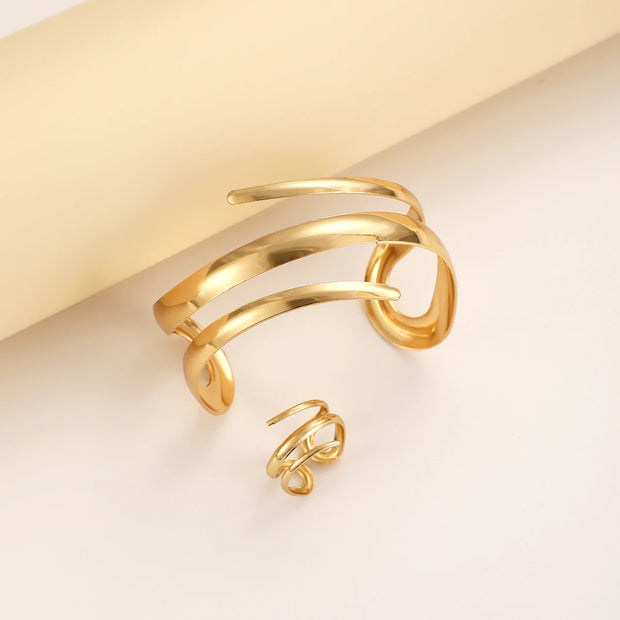 Gold Geometric Bracelet and Ring Set for Women Jewelry Gift