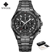 “WWOOR Men’s Luxury Sports Watch – Black Steel Quartz Chronograph