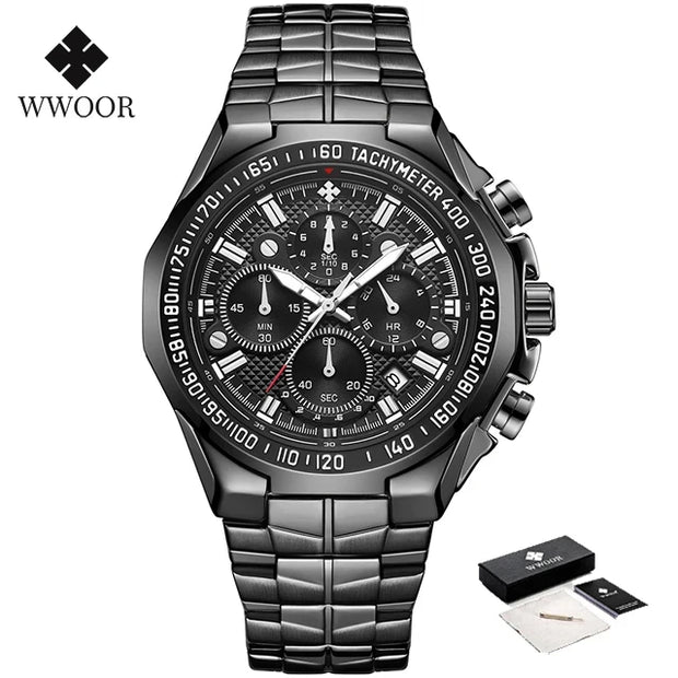 “WWOOR Men’s Luxury Sports Watch – Black Steel Quartz Chronograph