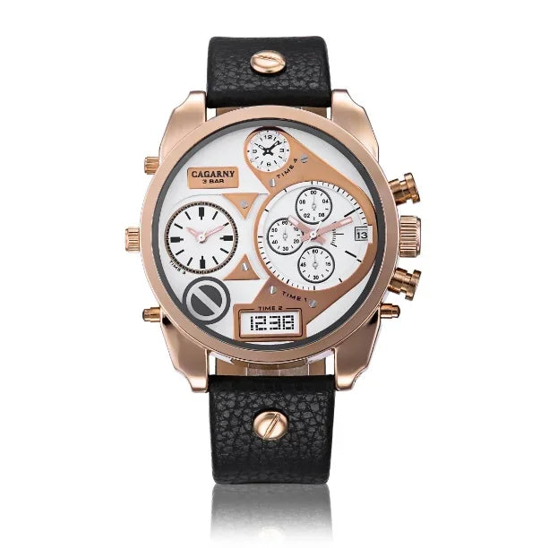 Cagarny Men’s Luxury Quartz Watch with dual time and leather strap