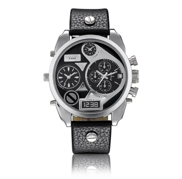 Cagarny Men’s Luxury Quartz Watch with dual time and leather strap