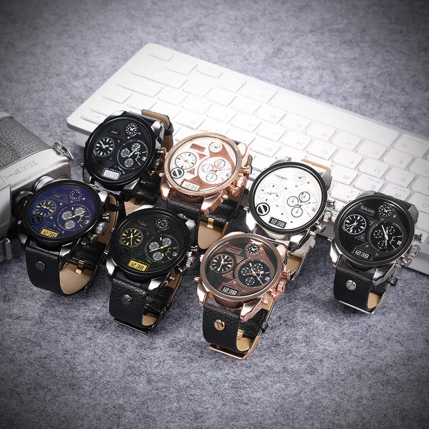 Cagarny Men’s Luxury Quartz Watch with dual time and leather strap