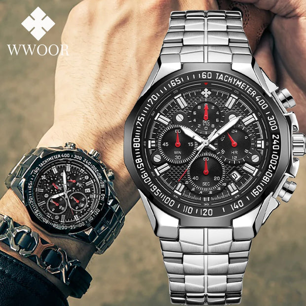 “WWOOR Men’s Luxury Sports Watch – Black Steel Quartz Chronograph