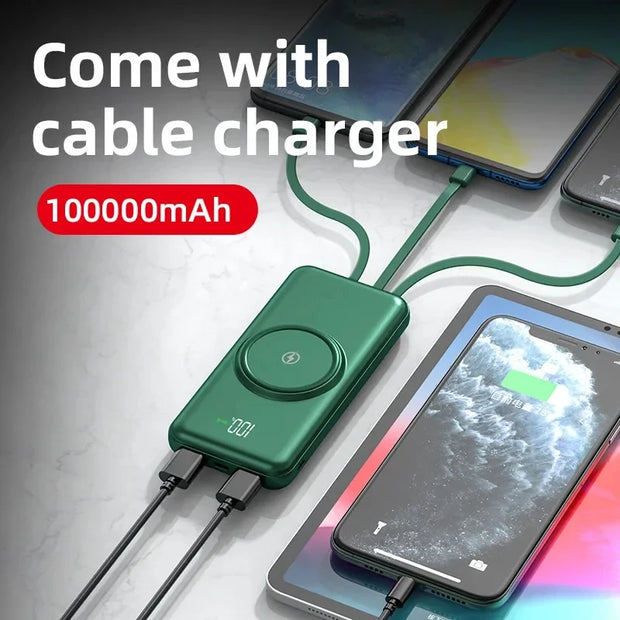 100,000mAh Wireless Power Bank 6-in-1 Built-in Cables Dual USB Charger for iPhone