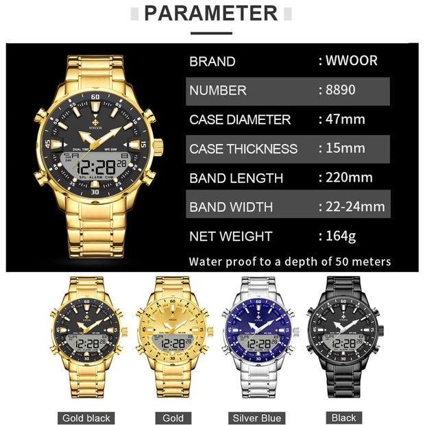WWOOR Men’s Luxury Digital Sports Watch – Big LED Waterproof Quartz Wristwatch