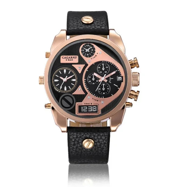 Cagarny Men’s Luxury Quartz Watch with dual time and leather strap