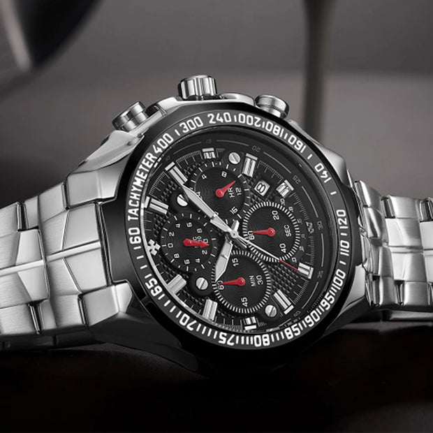 “WWOOR Men’s Luxury Sports Watch – Black Steel Quartz Chronograph