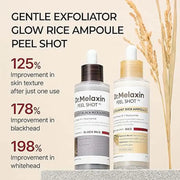 Dr. Melaxin Peel Shot bottles showcasing gentle exfoliator with highlighted improvements in skin texture and blackheads.