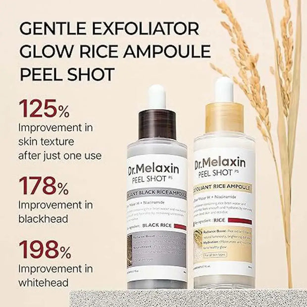Dr. Melaxin Peel Shot bottles showcasing gentle exfoliator with highlighted improvements in skin texture and blackheads.
