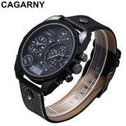 Cagarny Men’s Luxury Quartz Watch with dual time and leather strap