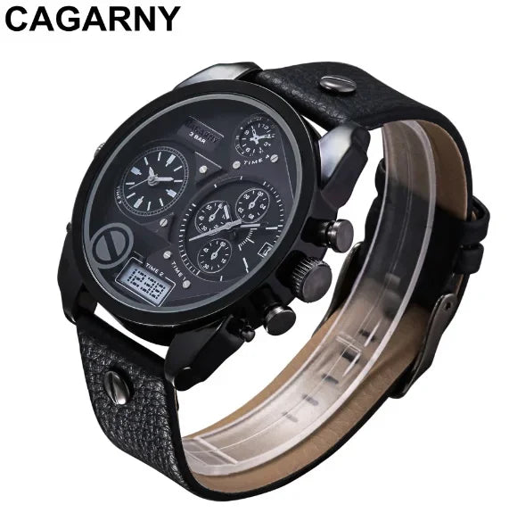 Cagarny Men’s Luxury Quartz Watch with dual time and leather strap