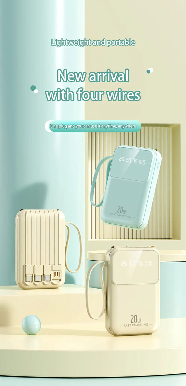 20000mAh Built-In Cable Power Bank – Fast Charging, Compact & High-Capacity
