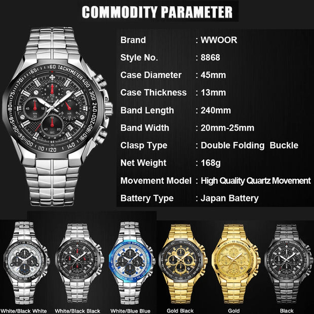 “WWOOR Men’s Luxury Sports Watch – Black Steel Quartz Chronograph