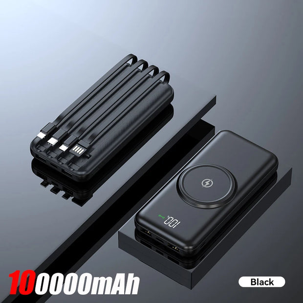 100,000mAh Wireless Power Bank 6-in-1 Built-in Cables Dual USB Charger for iPhone