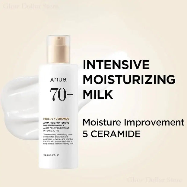 Korean skincare intensive moisturizing milk with rice extract and ceramides for deep hydration, 150ml packaging.