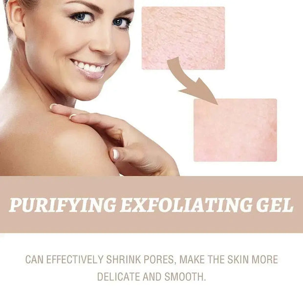 Woman smiling with purifying exfoliating gel beside her; enhances skin smoothness and shrinks pores.