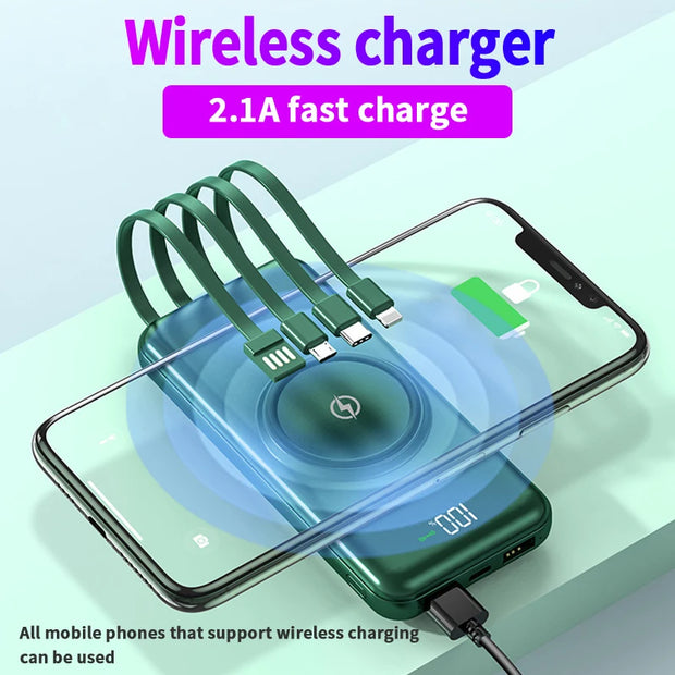 100,000mAh Wireless Power Bank 6-in-1 Built-in Cables Dual USB Charger for iPhone