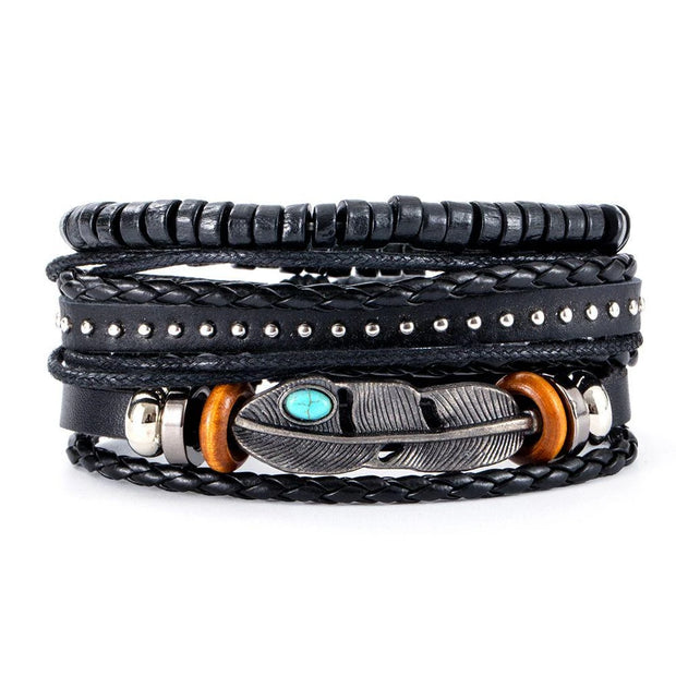 Black Leather Braided Bracelet for Men