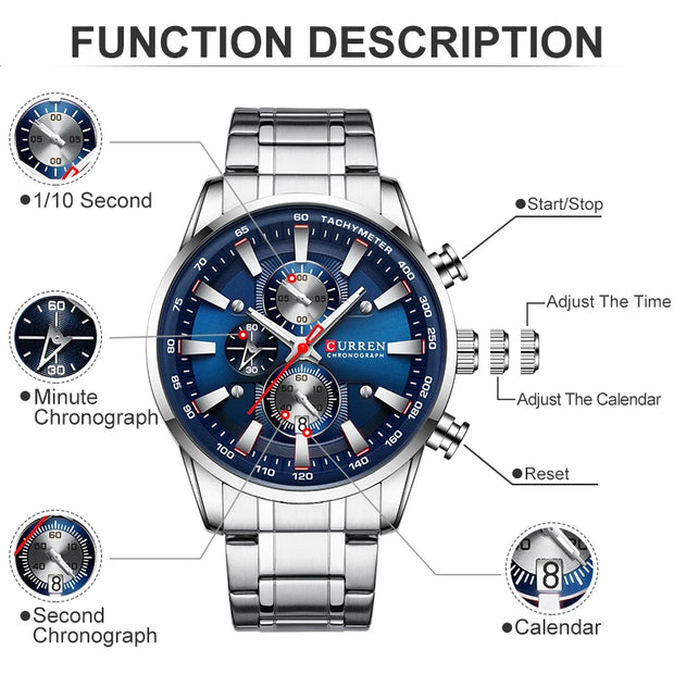 CURREN Men’s Luxury Quartz Watch – Sport Waterproof Chronograph