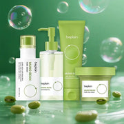 Korean skincare set featuring Beplain Mung Bean cleansing oil, foam, serum, and clay mask against a green backdrop.