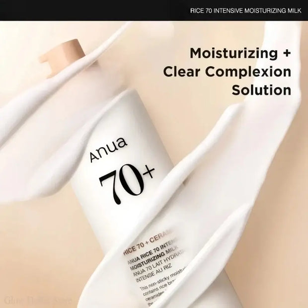 Anua Rice 70 Intensive Moisturizing Milk Lotion for clear complexion and deep hydration, featured in elegant packaging.