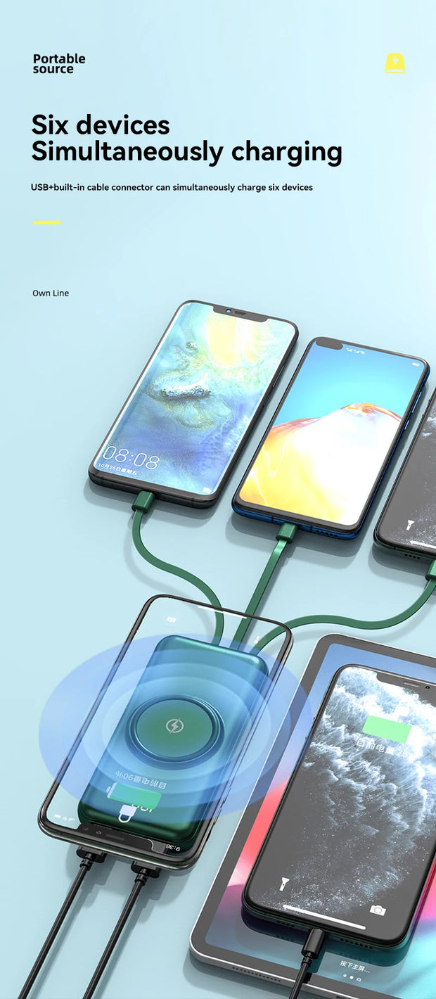 100,000mAh Wireless Power Bank 6-in-1 Built-in Cables Dual USB Charger for iPhone