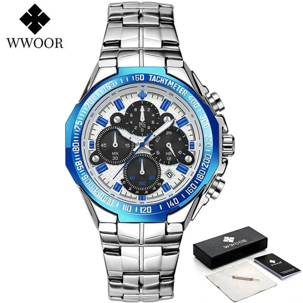 “WWOOR Men’s Luxury Sports Watch – Black Steel Quartz Chronograph