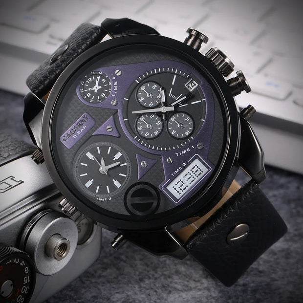 Cagarny Men’s Luxury Quartz Watch with dual time and leather strap