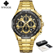 “WWOOR Men’s Luxury Sports Watch – Black Steel Quartz Chronograph