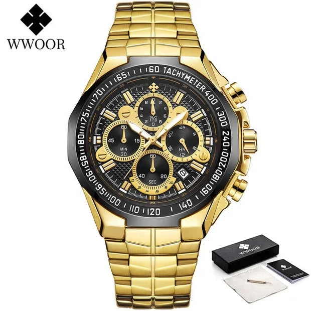 “WWOOR Men’s Luxury Sports Watch – Black Steel Quartz Chronograph
