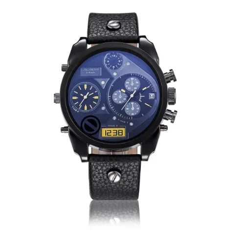 Cagarny Men’s Luxury Quartz Watch with dual time and leather strap