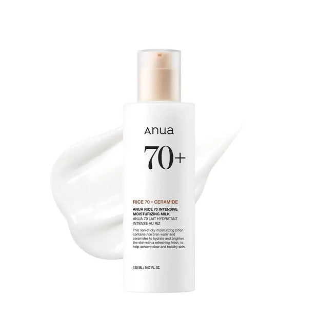 Korean Skincare Rice 70 Intensive Moisturizing Milk Lotion in bottle with creamy texture, 150ml for deep hydration.