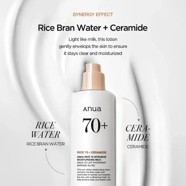 Korean skincare Rice 70 Intensive Moisturizing Milk Lotion with Rice Bran Water and Ceramide for hydration.