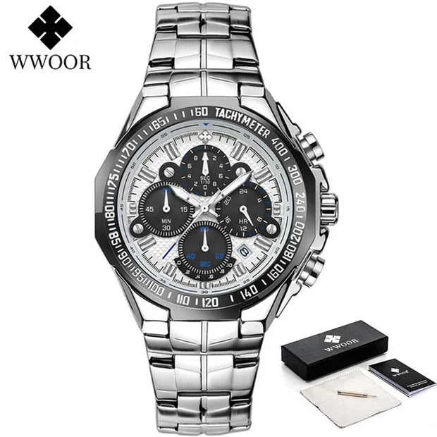 “WWOOR Men’s Luxury Sports Watch – Black Steel Quartz Chronograph