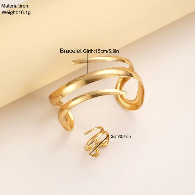 Gold Geometric Bracelet and Ring Set for Women Jewelry Gift